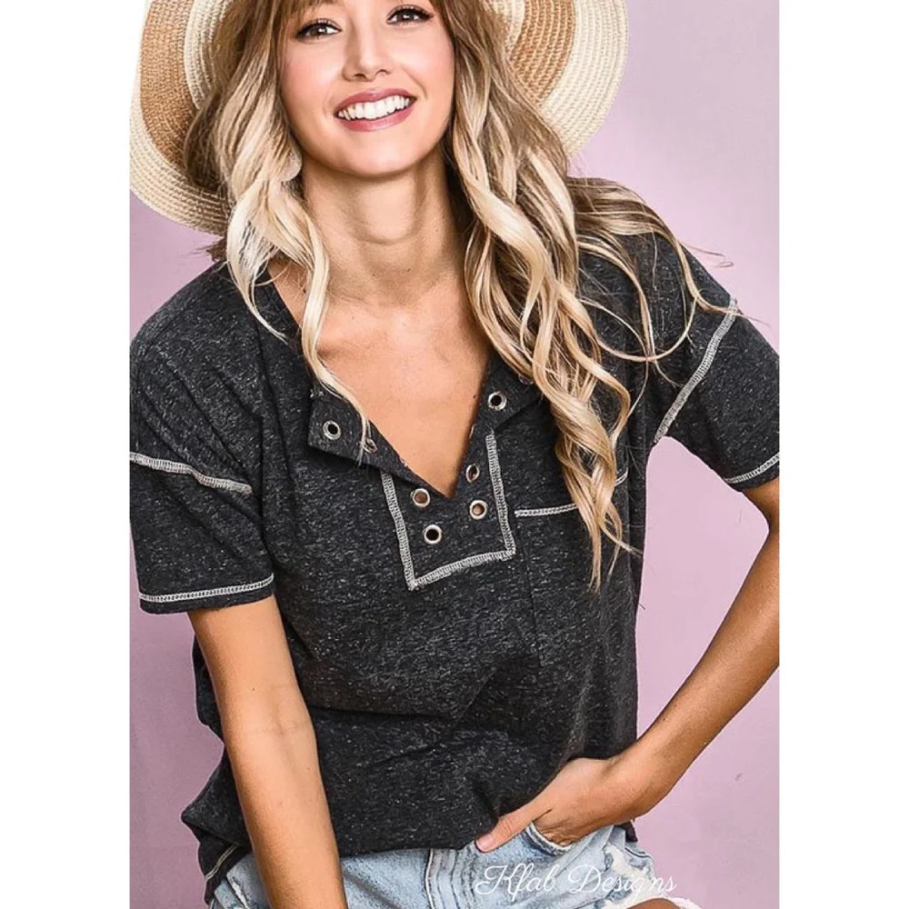 ❤️LAST 1! Super Soft Eyelet Detail Charcoal Henley Top! - Picture 7 of 11